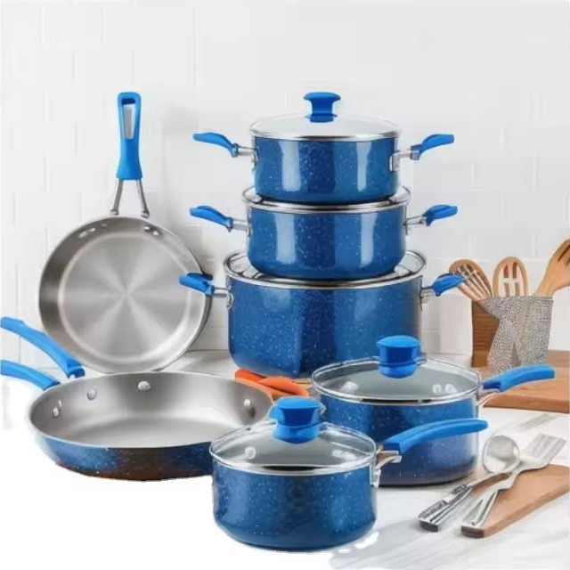 Kochgeschirrset mit Grillpfanne zu wettbewerbsfähigen Preisen, 13-teiliges Kochgeschirrset mit Markenlogo, doppelt mit Granit beschichtet