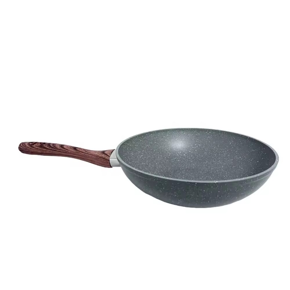 Marmor-Antihaft-Wok-Pfanne mit Glasdeckel, Induktionsküche mit Holz-Soft-Touch-Griff, geschmiedetes Aluminium, Antihaft-Wok-Pfanne